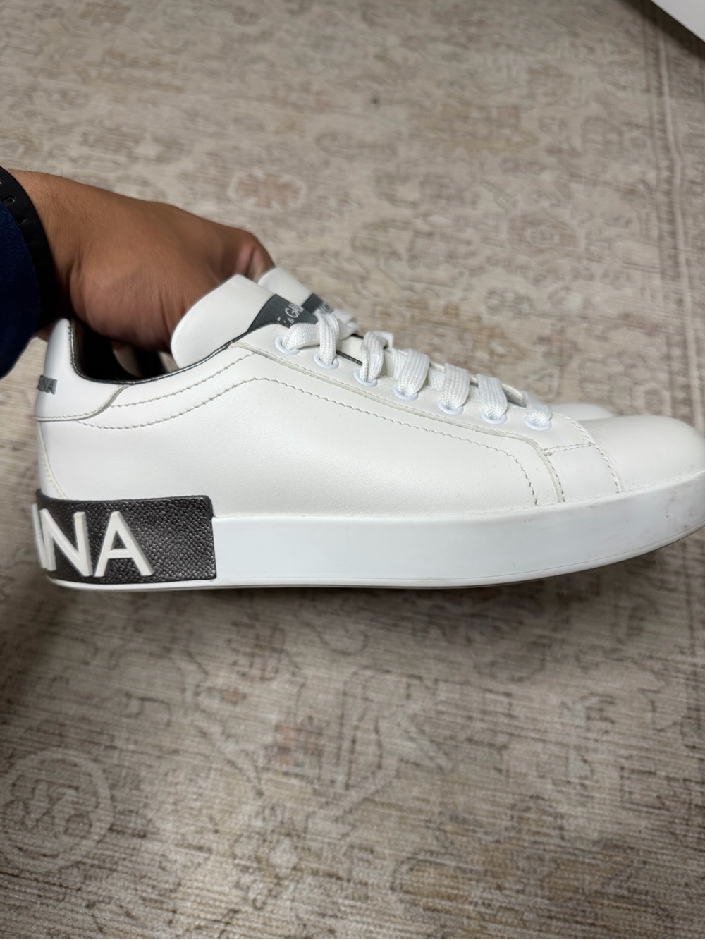 Dolce & Gabbana White Leather Low-Top Sneaker with Black Heel Panel